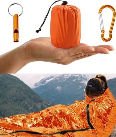 1-pack - Noodslaapzak - Waterdichte noodslaapzak - Folie-warmzak - Draagbare warmzak - Inclusief overlevingsfluitje en karabijnhaak - Geschikt voor kamperen, wandelen, outdooravonturen, enz. - 210*150 cm - Oranje