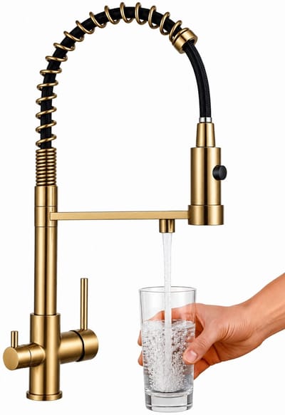 3-Weg Keukenkraan Goud met Uittrekbare Spuit & Waterfilter Aansluiting