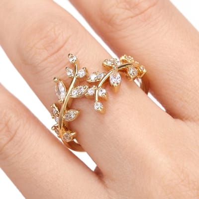 Goudkleurige ring dames aanschuifring open ring wijnrank design blad motief transparante steentjes minimalistische verstelbare ring sieraden