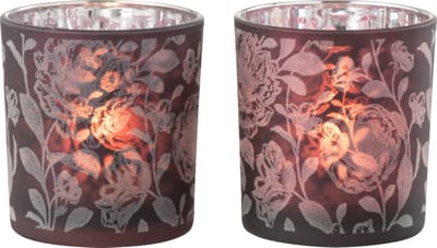 J-Line windlicht Bloemen - glas - paars/zilver - small - 2 stuks