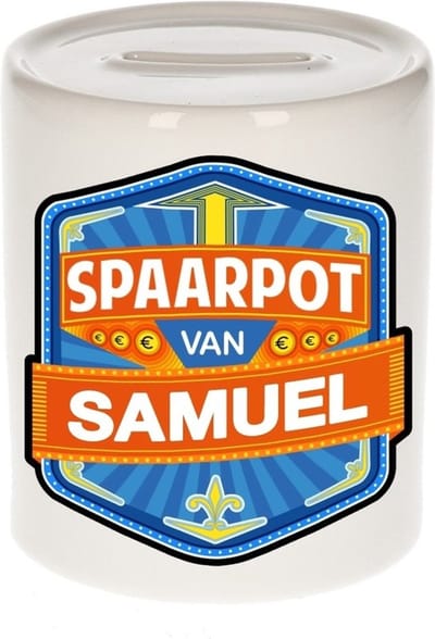 Bellatio Decorations Kinder spaarpot met naam - Samuel - keramiek - met dop - wit - Sparen - Spaargeld van Samuel