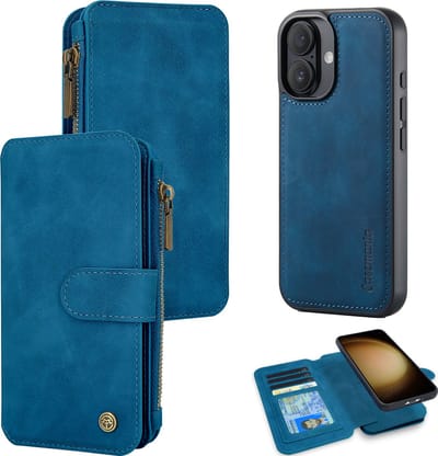 Casemania Hoesje Geschikt voor Apple iPhone 16 Plus - Navy Blue - 2 in 1 Magnetic Book Case met Rits