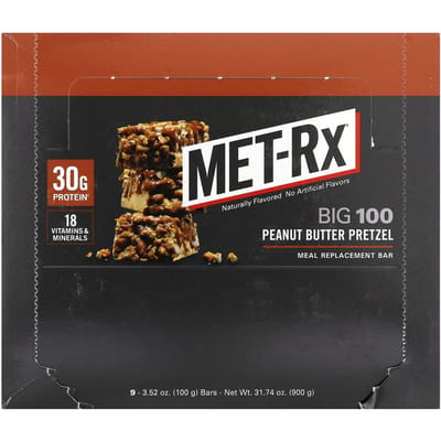 MET-Rx, Big 100, Maaltijdvervangende repen, Pretzels met pindakaassmaak, 9 stuks, 100 g (100 gram) Elk