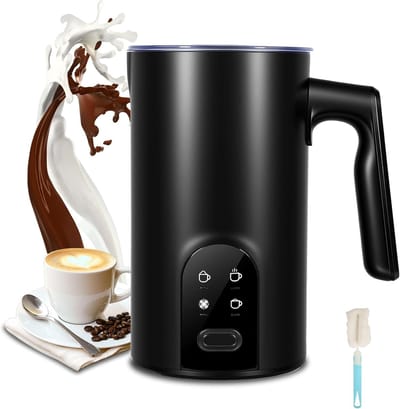 KZQ Zwarte elektrische melkschuimer 5-in-1 – Professionele automatische schuimmaker – Voor warm en koud melkschuim – Melkverwarmer & opschuimer met grote capaciteit (350 ml) – Barista-kwaliteit voor latte, cappuccino en chocolademelk – Zwart