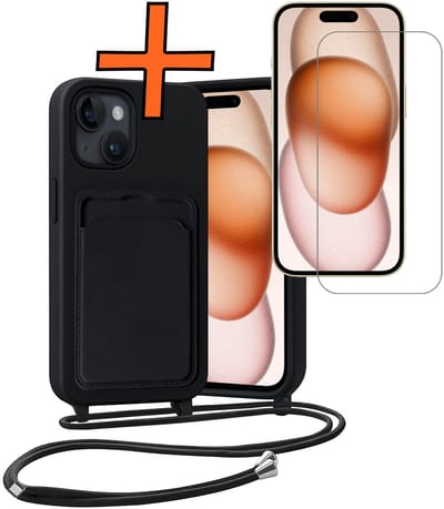 Hoesje Geschikt voor iPhone 15 Plus Hoesje Met Telefoonketting Pasjeshouder Case Met Screenprotector Koord - Hoesje Geschikt voor iPhone 15 Plus Hoes Met Kaarthouder - Zwart