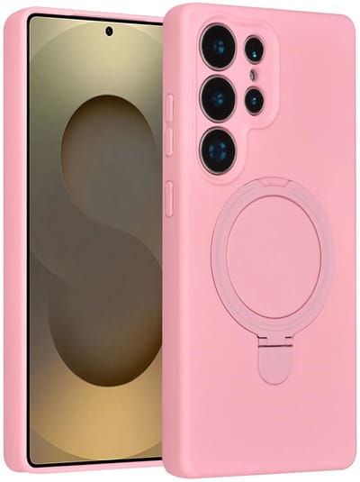 Backcover Hoesje Geschikt voor: Samsung Galaxy S24 Ultra Volledig Dekkende Schokbestendige Siliconen Backcover met Ringstandaard – 360° Bescherming - Sakura Pink