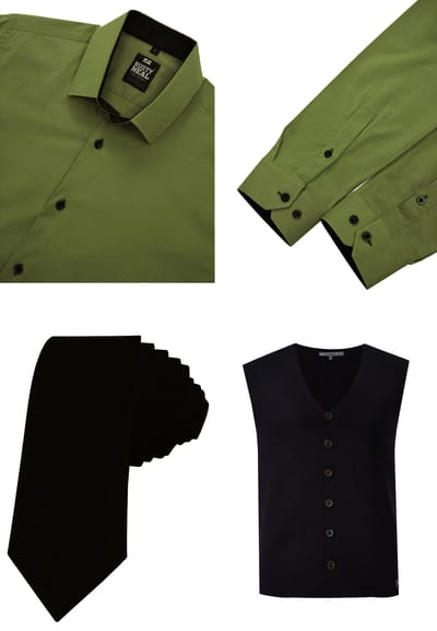 Driedelig pak met overhemd, vest en stropdas