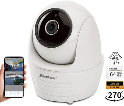 SecuFirst CAM114SSD64 Draadloze IP camera voor binnen - Met 64GB micro sd kaart - Pan/Tilt draai- kantelbaar - 10M nachtzicht - Huisdiercamera met app - Beveiligingscamera - Wifi camera app - Volgt beweging - bewakingscamera