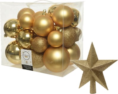 Kerstversiering kunststof kerstballen goud 6-8-10 cm pakket van 27x stuks - Met kunststof ster piek van 19 cm