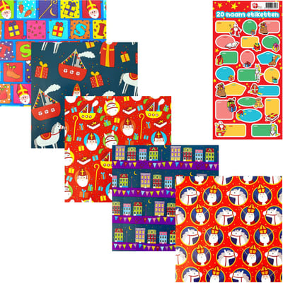 XXL Sinterklaas Cadeaupapier – Set van 4 Rollen – 5 Meter per Rol – 4 Verschillende Designs – Inclusief 1 Vel Naamstickers