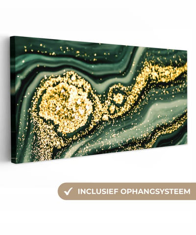 Canvas schilderij 40x20 cm - Wanddecoratie Marmer - Goud - Glitter - Groen - Marmerlook - Luxe - Muurdecoratie woonkamer - Slaapkamer decoratie - Kamer accessoires - Schilderijen op canvas