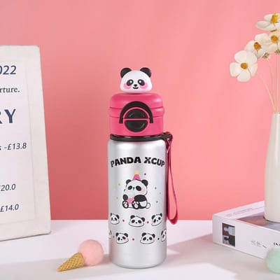 Tasse thermos pour enfants Panda Les étudiants vont à l'école Nouveaux garçons et filles Niveau d'apparence élevé Double paille pour boisson Tasse à eau isolée 500ml pink