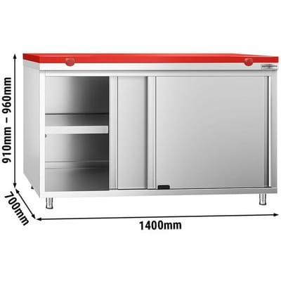 GGM Gastro Edelstahl Arbeitsschrank PREMIUM - 1400x700mm - mit Schiebetür - inkl. Schneideplatte Rot
