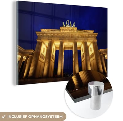 ® Glasschilderij 180x120 cm - Schilderij acrylglas - De Europese en verlichte Brandenburger Tor in de nacht - Foto op glas - Muurdecoratie woonkamer - Wanddecoratie slaapkamer - Schilderijen