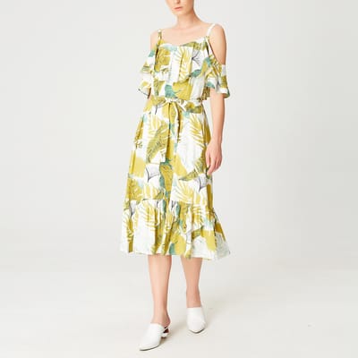 Tropische print trapeze -jurk met ruches en dunne riemen