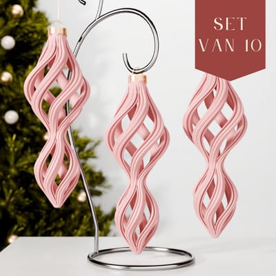 Fleuriek – Luxe Gedraaide Lange Kerstballen – Mat Roze, Set van 10 – Elegant Design Kerstornamenten – Onbreekbaar & Herbruikbaar – Stijlvolle Kerstversiering voor in de Boom