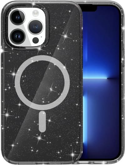 YPCd Glitter Hoesje met MagSafe voor Apple iPhone 14 Pro – Shockproof TPU Backcover – Verhoogde Randen – Transparant Zwart