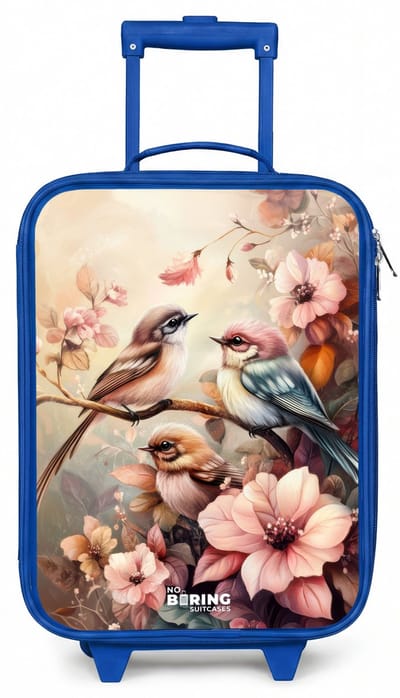 NoBoringSuitcases.com® - Kinderkoffer blauw - Kindertrolley jongen - Vogels met roze bloemen - Koffer kind lichtgewicht - Reiskoffer trolley voor kinderen - Koffertje met lichtgevende wieltjes - Rolkoffer