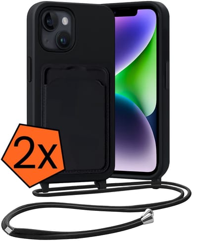 Hoesje Geschikt voor iPhone 13 Hoesje Met Telefoonketting Pasjeshouder Case Koord - Hoesje Geschikt voor iPhone 13 Hoes Met Kaarthouder - Zwart - 2 PACK