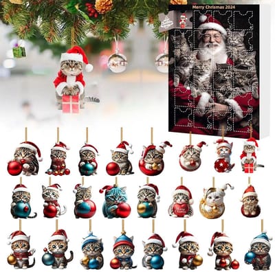 Adventsaftelkalender, 24-daagse kerstaftelkalender met schattige kattenpoppen, kerstboomversieringen in de vorm van 2D-acrylkattenhangers, sleutelhanger, vakantiedecoratie voor kattenliefhebbers (stijl D) - Cyslmuk®