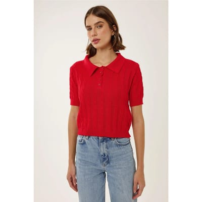 Shirtkraag Gebreide Top met Haar Vlecht Patroon