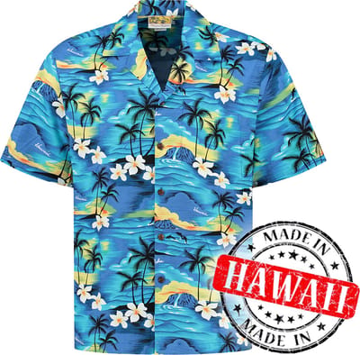 Hawaii Blouse Mannen - Shirt - Hemd - 100% Katoen - Overhemd Heren Korte Mouw - Made in Hawaii "Tropisch Hawaii Blauw" Maat S