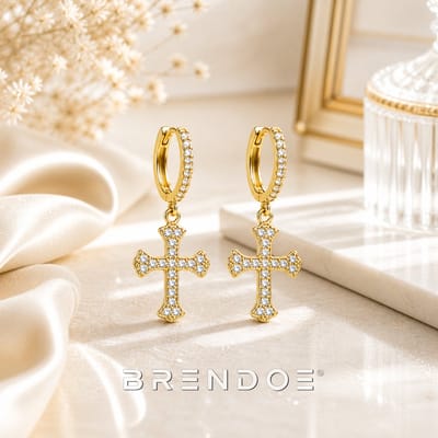 Brendoe Goudkleurige Kruis Hangoorbellen Dames – Oorbellen met Zirkonia – Elegante Oorringen