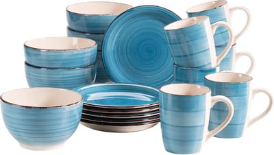 Bel Tempo II ontbijtservies voor 6 personen in vintage look, handbeschilderd keramiek, 18-delige serviesset, donkerblauw, aardewerk, blauw