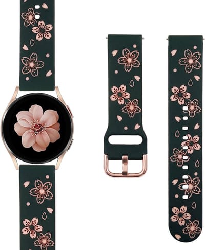 Stravo 20mm Siliconen Bandje met Bloemen Design – Geschikt voor Samsung Galaxy Watch 7 6 5 4 - Classic – Siliconen Horlogeband met Roségouden Gesp voor Garmin Vivoactive 5 3 - Forerunner 245 - Venu SQ 2 - Vivomove - Huawei – Zwart / roze