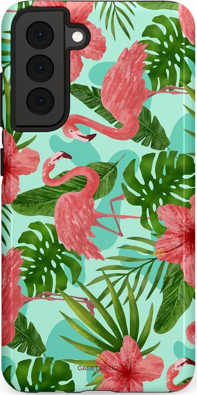 Casetastic hoesje geschikt voor Samsung Galaxy S21 FE 5G - Dubbellaagse bescherming - Flamingo jungle - Fashion Case - Mintgroen Koraal