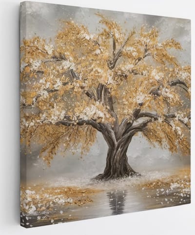 Saammp Canvas Schilderij - Goude winterboom - Abstract - 20x20 - Foto op canvas - Wanddecoratie - Muurdecoratie Woonkamer - Slaapkamer decoratie - Canvas Print