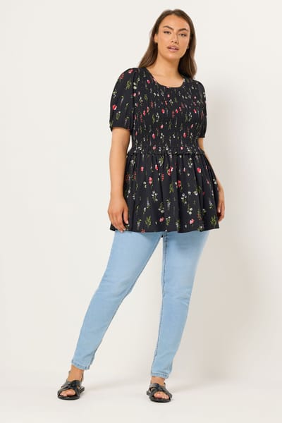 Yours Zwarte Peplumtop Met Bloemenprint En Smockwerk Size 42