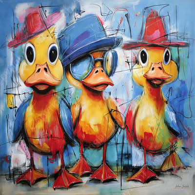 John Joseb Art (Aluminium) 100x100 | Grappige gekke kuikens, vogel, met bril en hoed, humor, abstract, kleurrijk, kunst, vierkant, kuiken, vogel, eend, rood, geel, blauw, wit, modern | foto-schilderij op dibond, metaal wanddecoratie