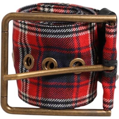 Dolce & Gabbana Rode Geruite Stof Logo Plaat Messing Gesp Riem