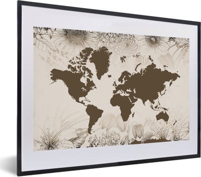 Poster in lijst - Fotolijst 60x40 cm - Posters - Wereldkaart - Vintage - Bloemen - Posterlijst zwart - Decoratie - Wanddecoratie woonkamer - Muurdecoratie slaapkamer