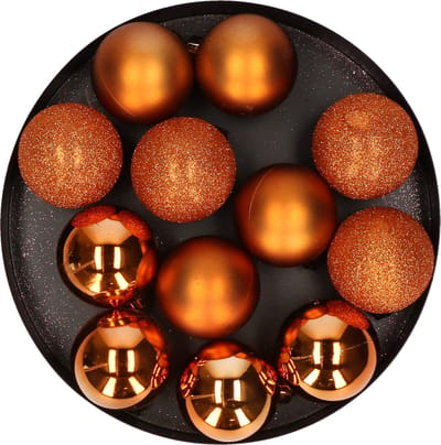 Cosy & Trendy Kerstballen - 12x - oranje - 6 cm - kunststof - mat - glans - glitter - onbreekbaar - met ophanglintjes