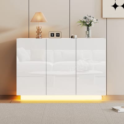 Pugsdrly Eetkamerkast hoogglans open en gesloten, witte dressoir, sokkel LED-verlichting, commode halmeubel 120*40*75CM