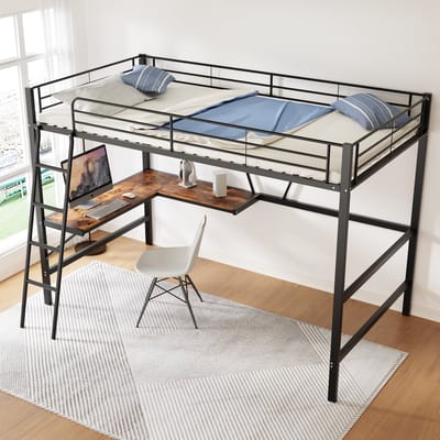 Sweiko Hoogslaper 90x200 cm, bureau en planken, metalen bedframe, zonder matras, zwart
