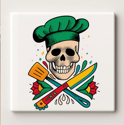 Chef Schedel Keramische Tegel – Stoere Kook Skelet Illustratie Wanddecoratie – Keuken Humor Decoratie – 15 × 15 cm