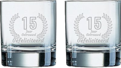 Gegraveerde set Whiskeyglazen 20cl Gefeliciteerd 15 jaar getrouwd