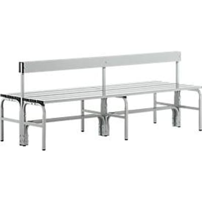 Kleedkamerbank, stalen buis/aluminium, dubbel met rugleuning, 1500 mm lang, lichtgrijs