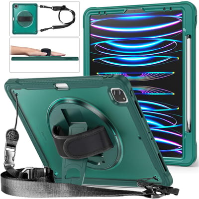 Étui Pour iPad Pro 11 12.9 13 - Coque Robuste Anti-Choc iPad Air 4 Air5 10.9 10ème 11ème Funda+Étui avec Bandoulière Pro12.9 6th Gen 2022 vert foncé