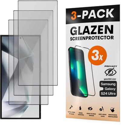 Privacy Screenprotector - Geschikt voor Samsung Galaxy S24 Ultra - Gehard Glas - Full Cover Tempered Privacy Glass - Case Friendly - 3 Pack