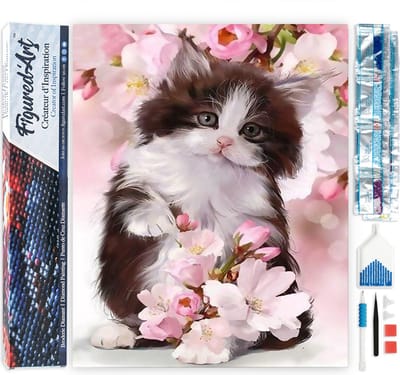 Figured'Art Diamond Painting set Volwassenen 40x50 cm Kat en bloemen - 5D DIY Art full drill vierkante diamant - Opgerold canvas