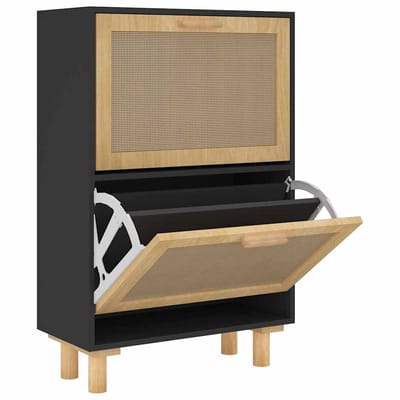 vidaXL - Schoenenkast - 52x25x80 - cm - bewerkt - hout - en - rattan - zwart