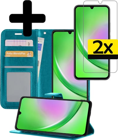 Hoesje - Met 2x Screenprotector - Geschikt voor Samsung Galaxy A34 - Luxe Pasjeshouder - Bookcase Portemonee - Flip Case - Kunstleer Book Case - Flipcase Hoes - Book Cover - Walletcase - Portemonneehoes - Telefoonhoesjes - Turquoise