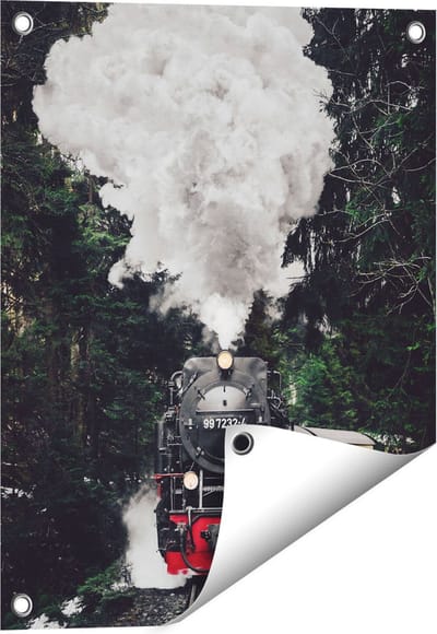 Gards Tuinposter Locomotief in de Bossen met Stoom Wolken - 40x50 cm - Tuindoek - Tuindecoratie - Wanddecoratie buiten - Tuinschilderij