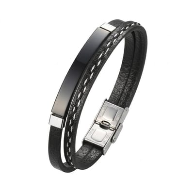 Zwarte heren armband – glad en gevlochten imitatieleer – zwarte metalen plaat en zilverkleurige sluiting – met witte stiksels