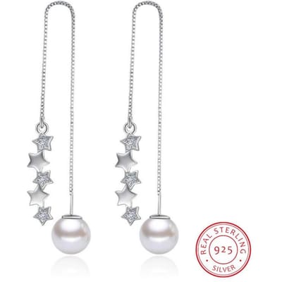 925 Sterling Zilveren Oorbellen 5 Stuks Ster Zirkonia Gesimuleerde Parel Lange Kwast Oorbellen Oorlijn Pendientes Brincos S -E270 white