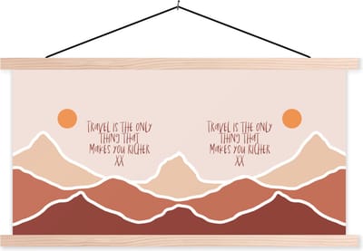 Posterhanger incl. Poster 120x60 cm - Schoolplaat - Spreuken - Quotes - Travel is the only thing that makes you richer - Oranje - Textielposter - Blanke latten